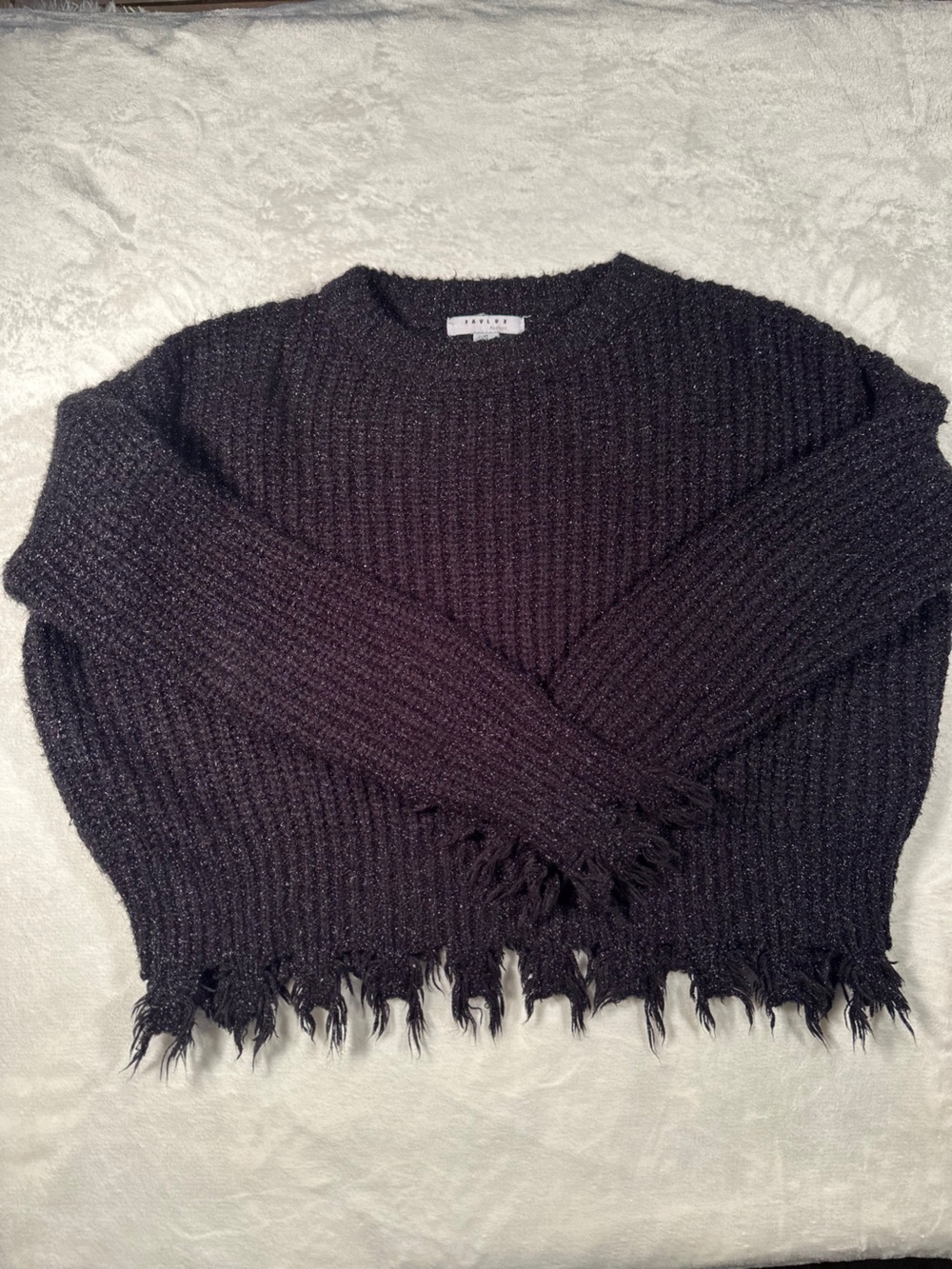 FAVLUX Black Ribbed Crewneck Sweater with Distressed Fringe Hem